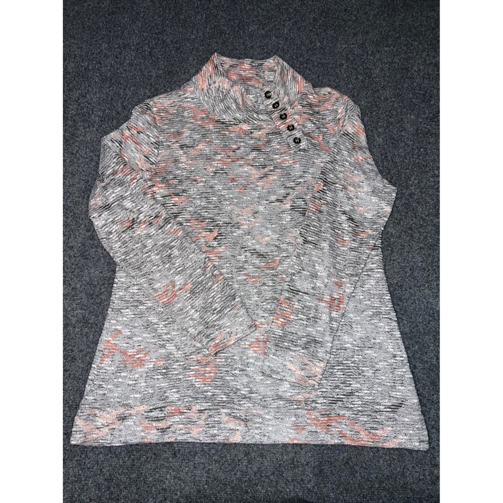 Christopher & Banks Women Medium Gray Pink Space Dye Mock Neck Button Top